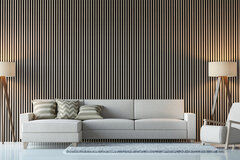 Akustikpaneele weiße Couch vor einer Akustikpaneelwand